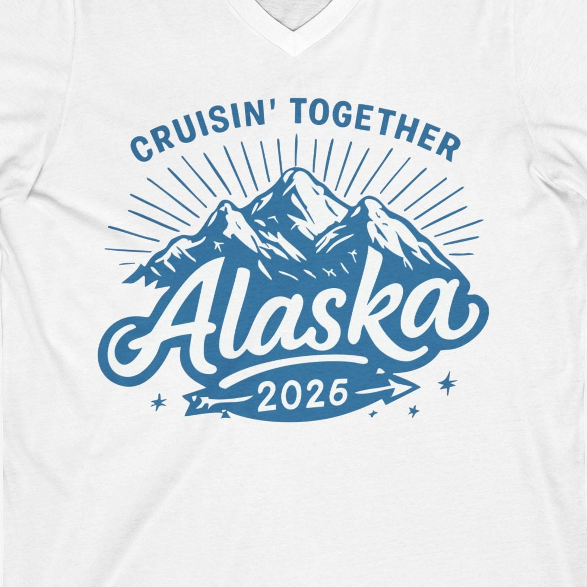 Alaska Cruise Mountains Adventure Shirt V-Neck Shirt – White – Alaska Cruise Shirts Close Up