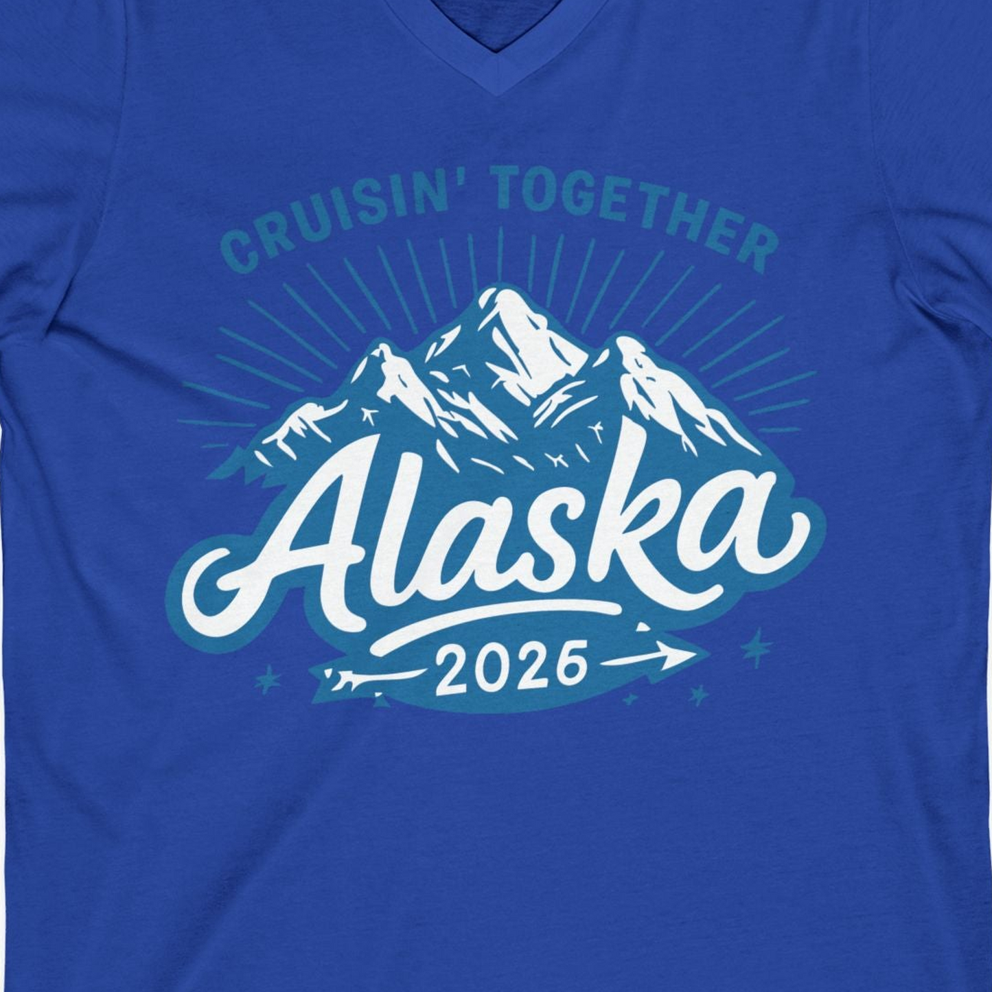 Alaska Cruise Mountains Adventure Shirt V-Neck Shirt – True Royal – Alaska Cruise Shirts Close Up