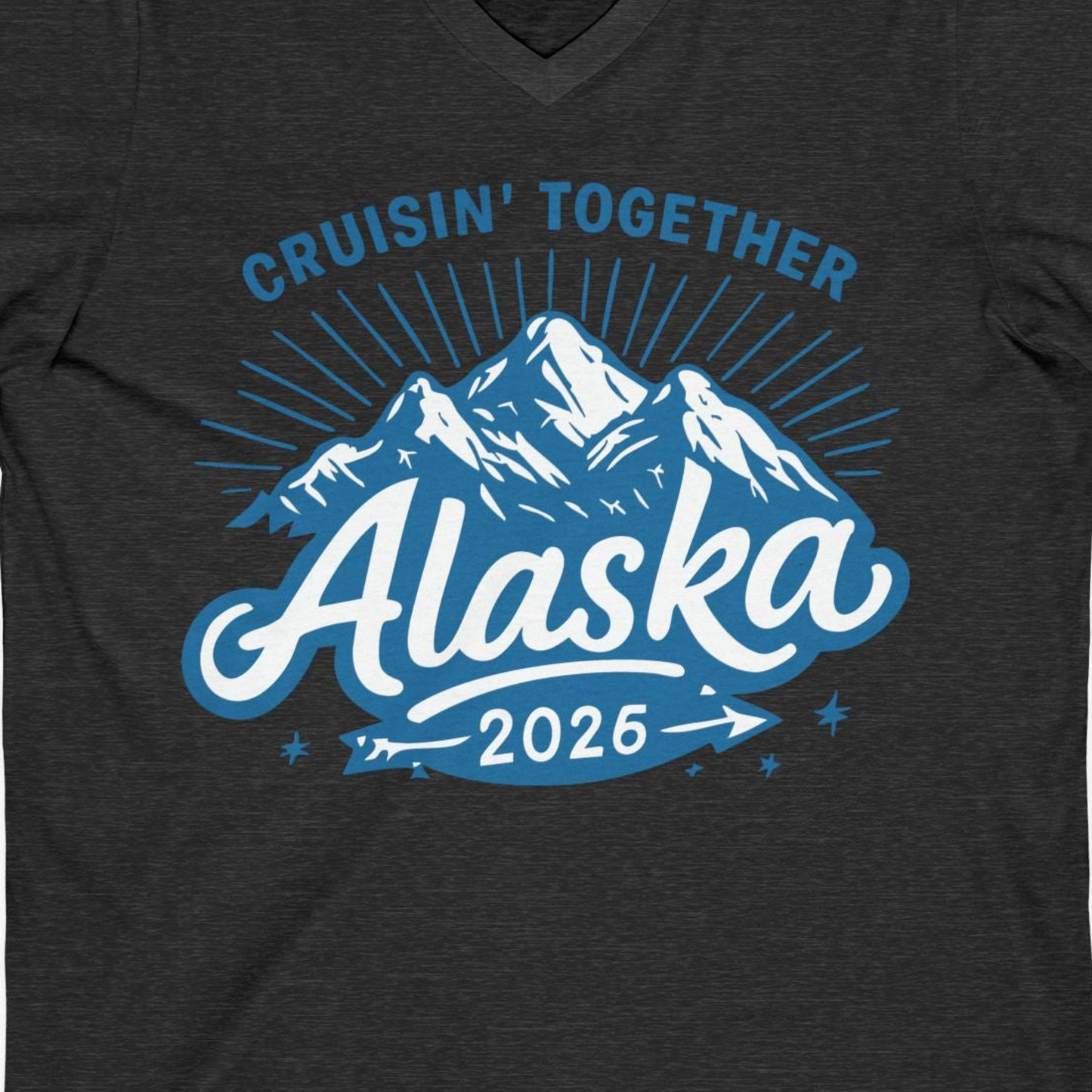 Alaska Cruise Mountains Adventure Shirt V-Neck Shirt – Dark Grey Heather – Alaska Cruise Shirts Close Up
