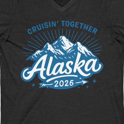 Alaska Cruise Mountains Adventure Shirt V-Neck Shirt – Dark Grey Heather – Alaska Cruise Shirts Close Up
