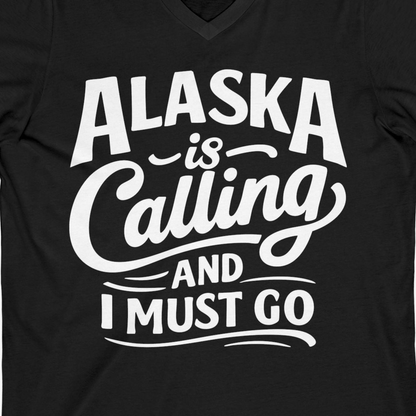 Alaska Is Calling Adventure Typography Shirt V-Neck Shirt – Black – Alaska Cruise Shirts Close Up