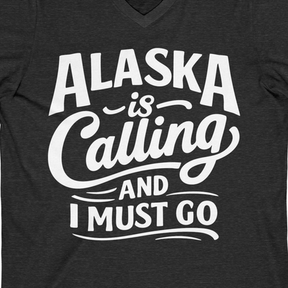 Alaska Is Calling Adventure Typography Shirt V-Neck Shirt – Dark Grey Heather – Alaska Cruise Shirts Close Up