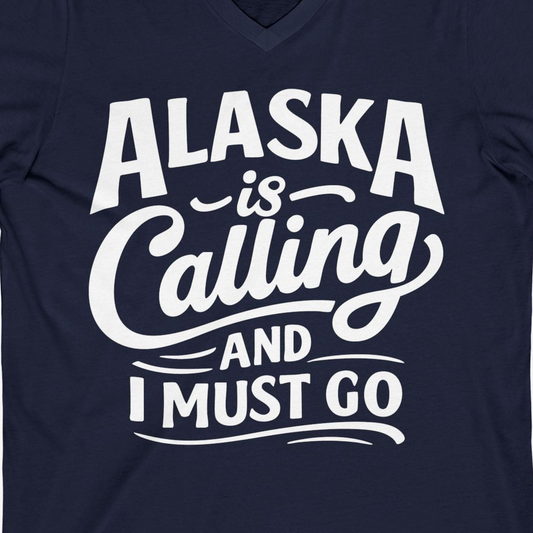 Alaska Is Calling Adventure Typography Shirt V-Neck Shirt – Navy – Alaska Cruise Shirts Close Up