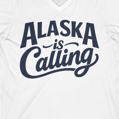 Alaska Is Calling Shirt V-Neck Shirt – White – Alaska Cruise Shirts Close Up