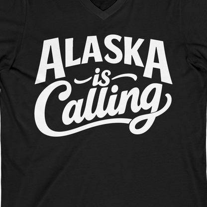 Alaska Is Calling Shirt V-Neck Shirt – Black – Alaska Cruise Shirts Close Up