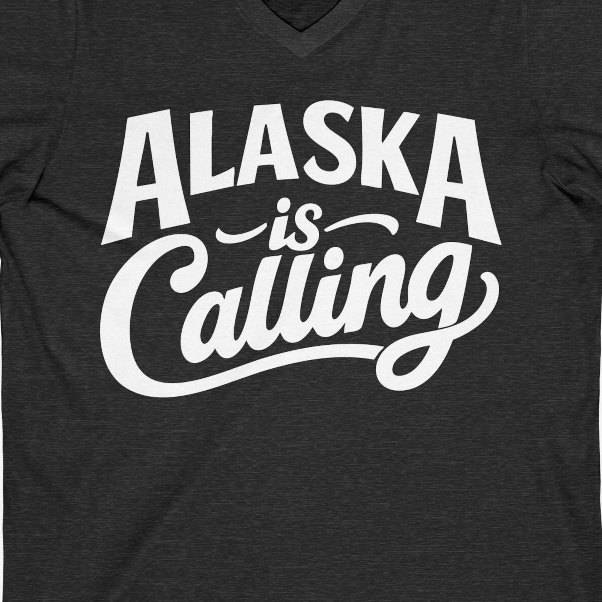 Alaska Is Calling Shirt V-Neck Shirt – Dark Grey Heather – Alaska Cruise Shirts Close Up