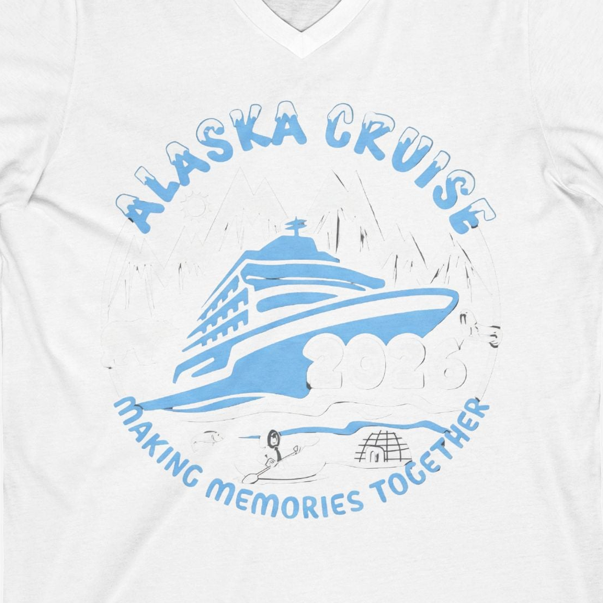 Alaska Cruise 2026 Adventure Shirt V-Neck Shirt – White – Alaska Cruise Shirts Close Up