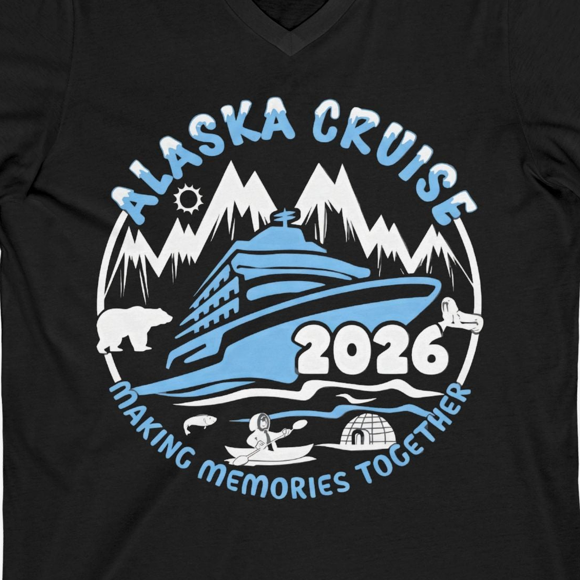 Alaska Cruise 2026 Adventure Shirt V-Neck Shirt – Black – Alaska Cruise Shirts Close Up