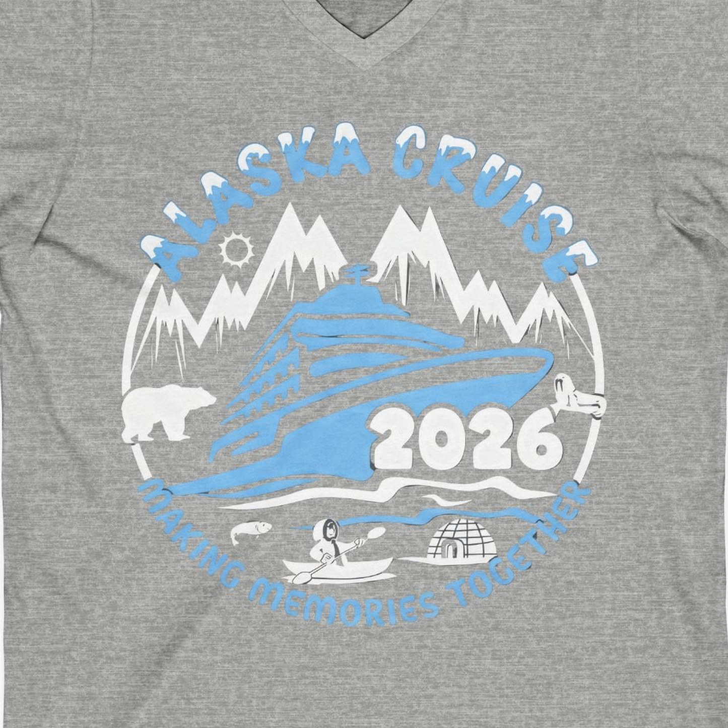 Alaska Cruise 2026 Adventure Shirt V-Neck Shirt – Athletic Heather – Alaska Cruise Shirts Close Up