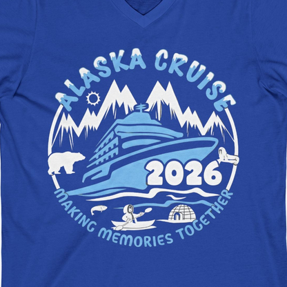 Alaska Cruise 2026 Adventure Shirt V-Neck Shirt – True Royal – Alaska Cruise Shirts Close Up
