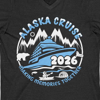 Alaska Cruise 2026 Adventure Shirt V-Neck Shirt – Dark Grey Heather – Alaska Cruise Shirts Close Up