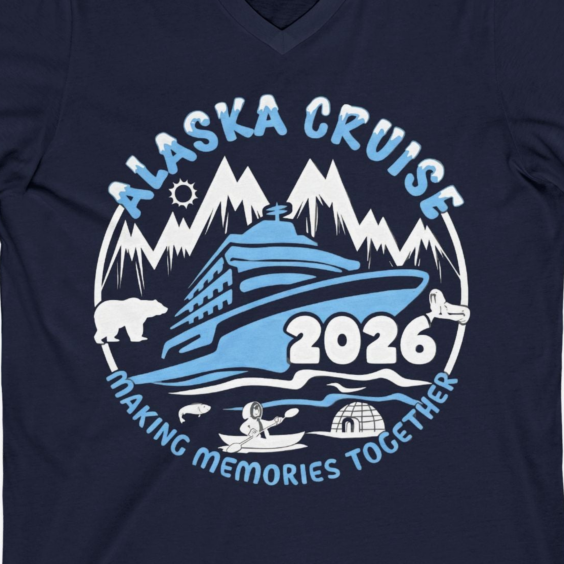 Alaska Cruise 2026 Adventure Shirt V-Neck Shirt – Navy – Alaska Cruise Shirts Close Up