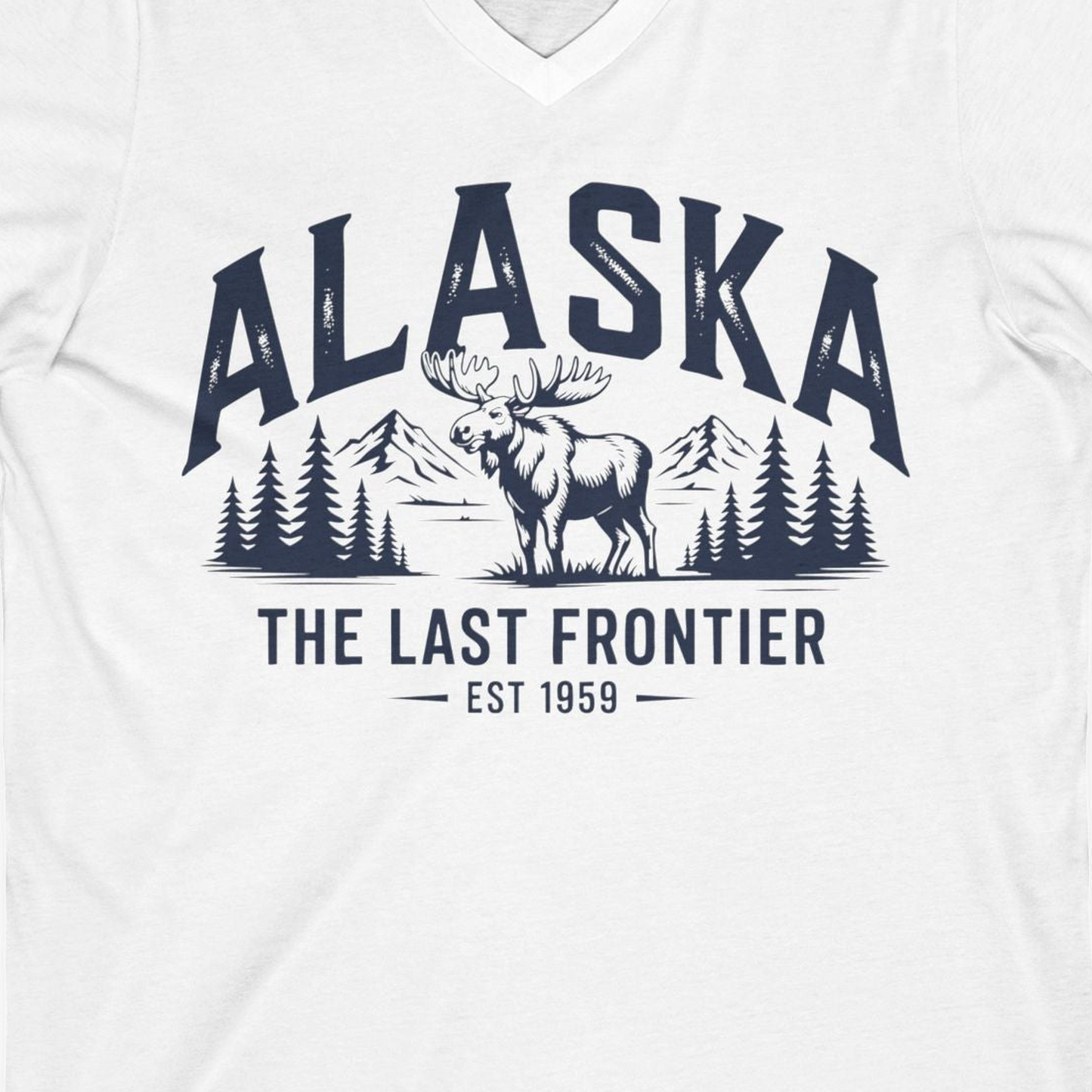 Alaska The Last Frontier Moose Mountain Wilderness Graphic Shirt — V-Neck V-Neck Shirt – White – Alaska Cruise Shirts Close Up