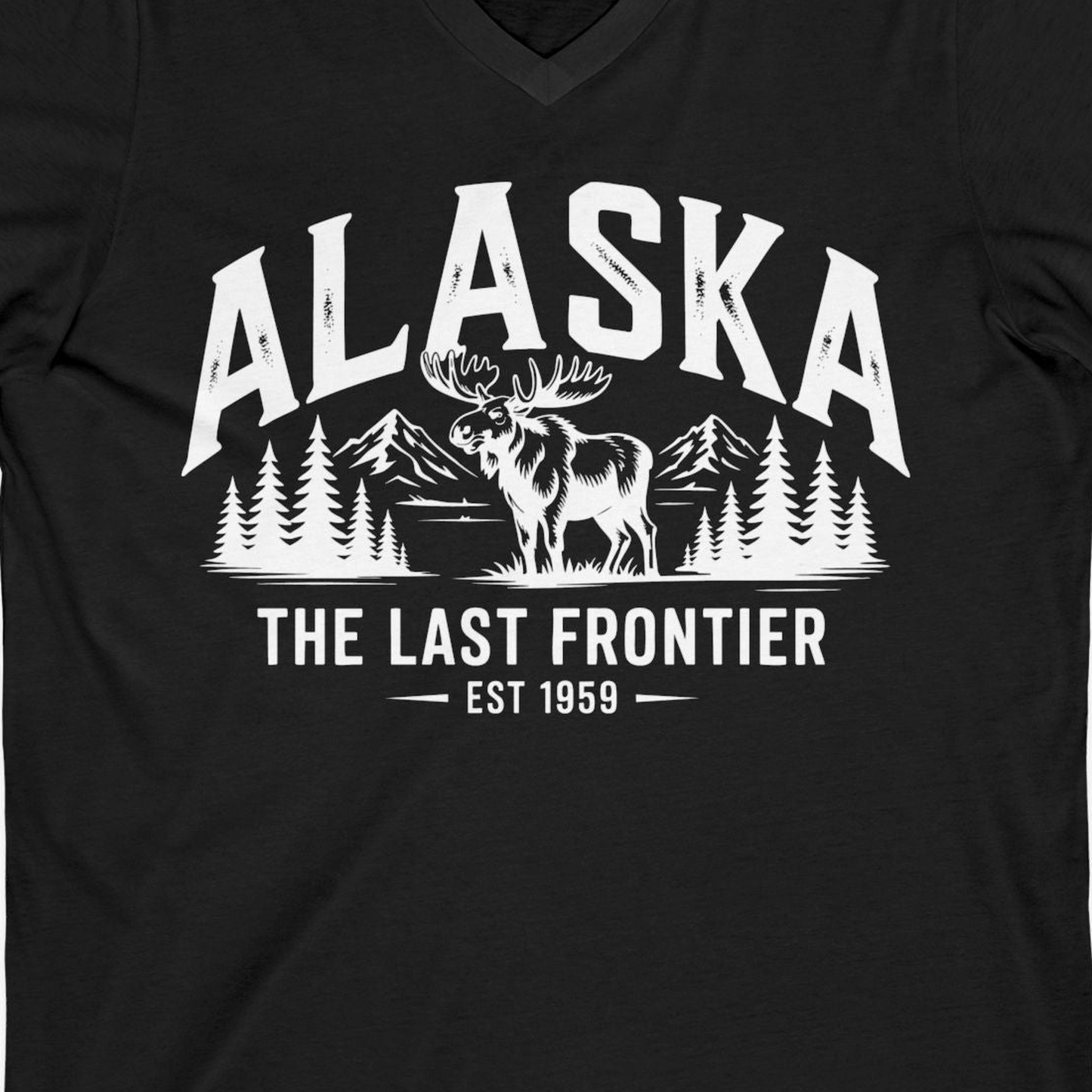 Alaska The Last Frontier Moose Mountain Wilderness Graphic Shirt — V-Neck V-Neck Shirt – Black – Alaska Cruise Shirts Close Up