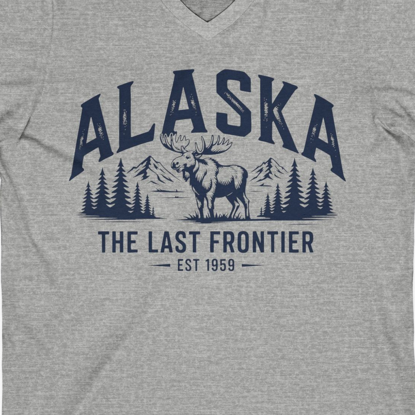 Alaska The Last Frontier Moose Mountain Wilderness Graphic Shirt — V-Neck V-Neck Shirt – Athletic Heather – Alaska Cruise Shirts Close Up