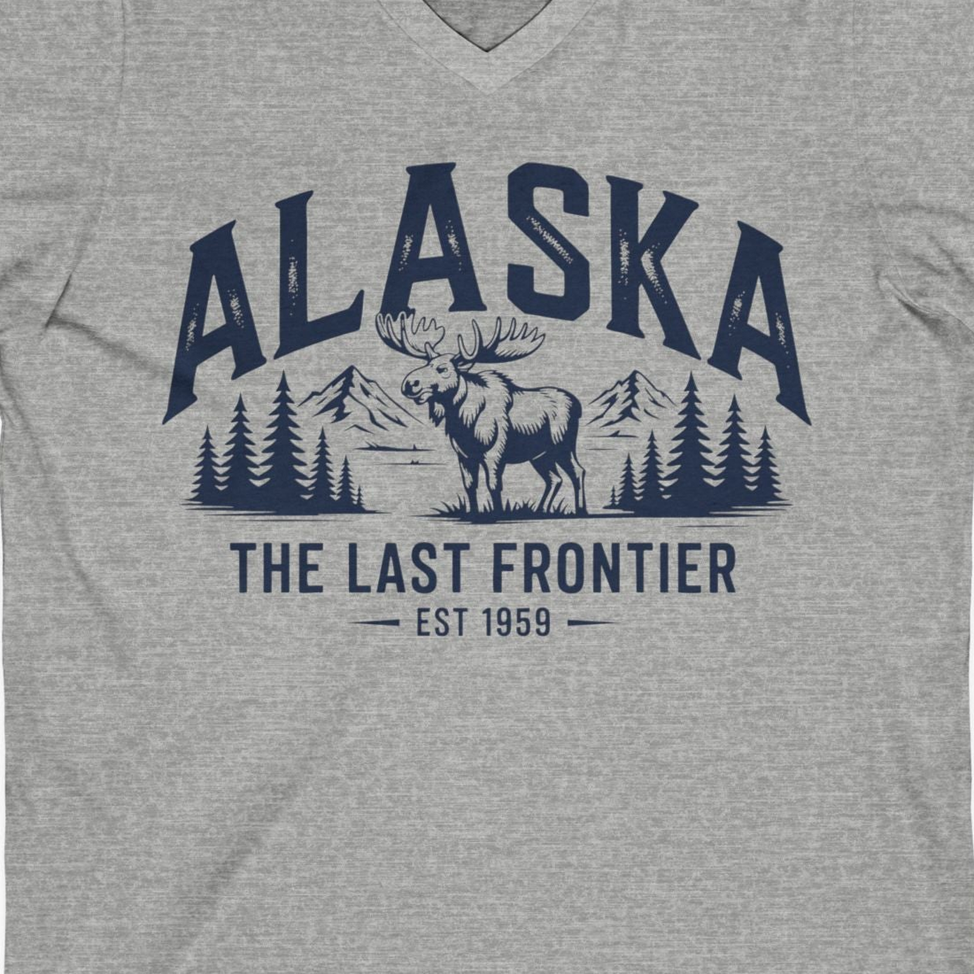 Alaska The Last Frontier Moose Mountain Wilderness Graphic Shirt — V-Neck V-Neck Shirt – Athletic Heather – Alaska Cruise Shirts Close Up