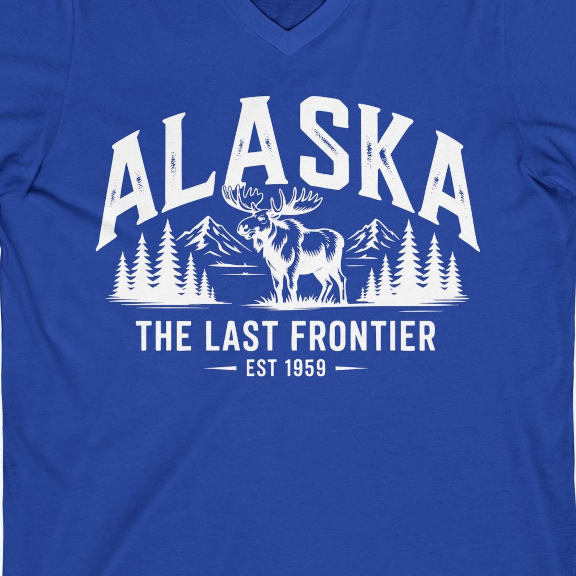 Alaska The Last Frontier Moose Mountain Wilderness Graphic Shirt — V-Neck V-Neck Shirt – True Royal – Alaska Cruise Shirts Close Up