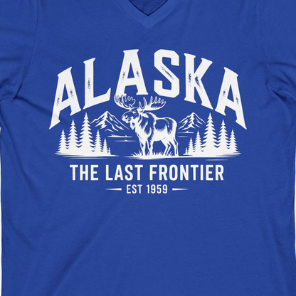 Alaska The Last Frontier Moose Mountain Wilderness Graphic Shirt — V-Neck V-Neck Shirt – True Royal – Alaska Cruise Shirts Close Up