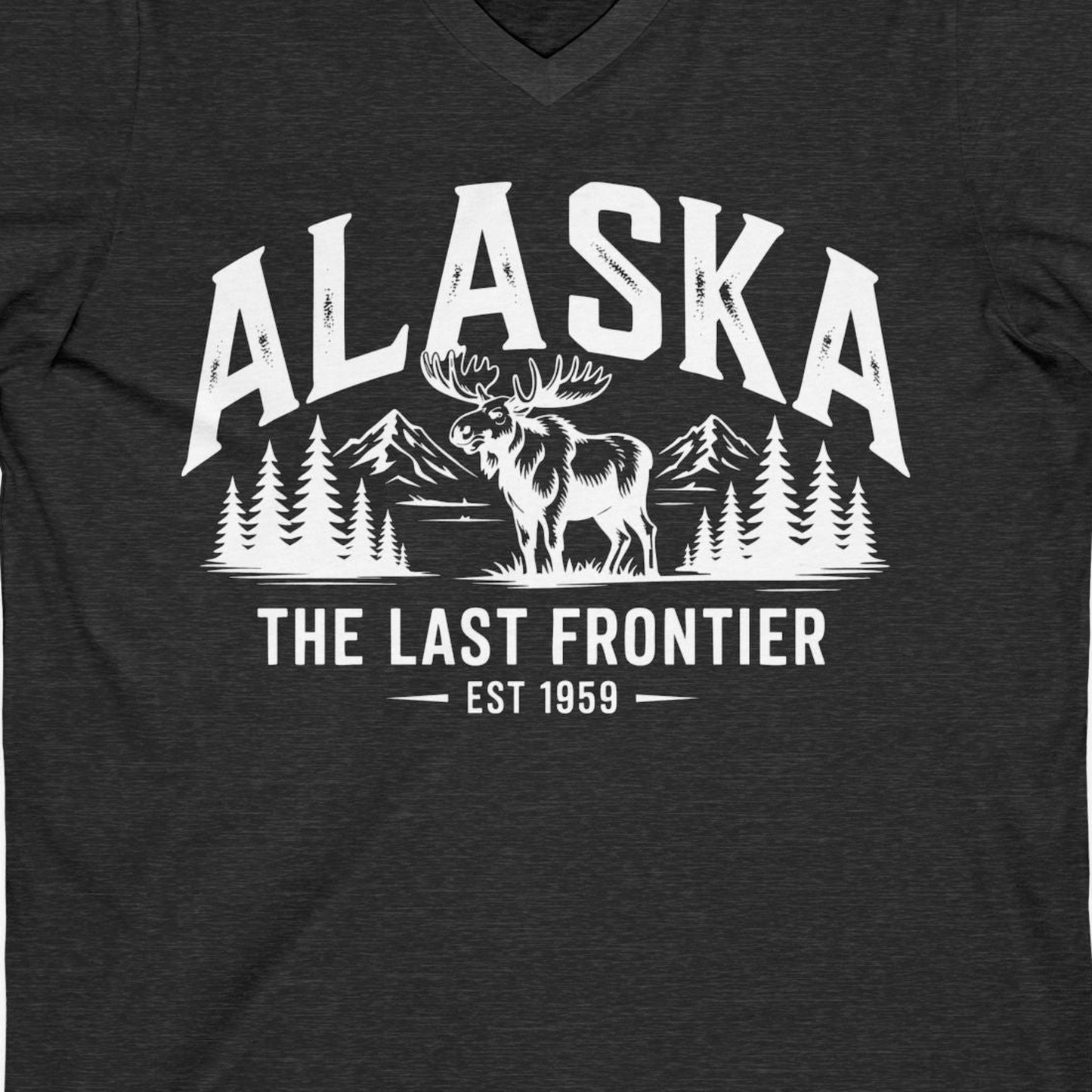 Alaska The Last Frontier Moose Mountain Wilderness Graphic Shirt — V-Neck V-Neck Shirt – Dark Grey Heather – Alaska Cruise Shirts Close Up