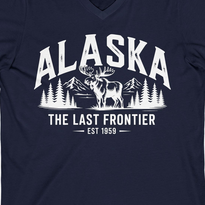Alaska The Last Frontier Moose Mountain Wilderness Graphic Shirt — V-Neck V-Neck Shirt – Navy – Alaska Cruise Shirts Close Up