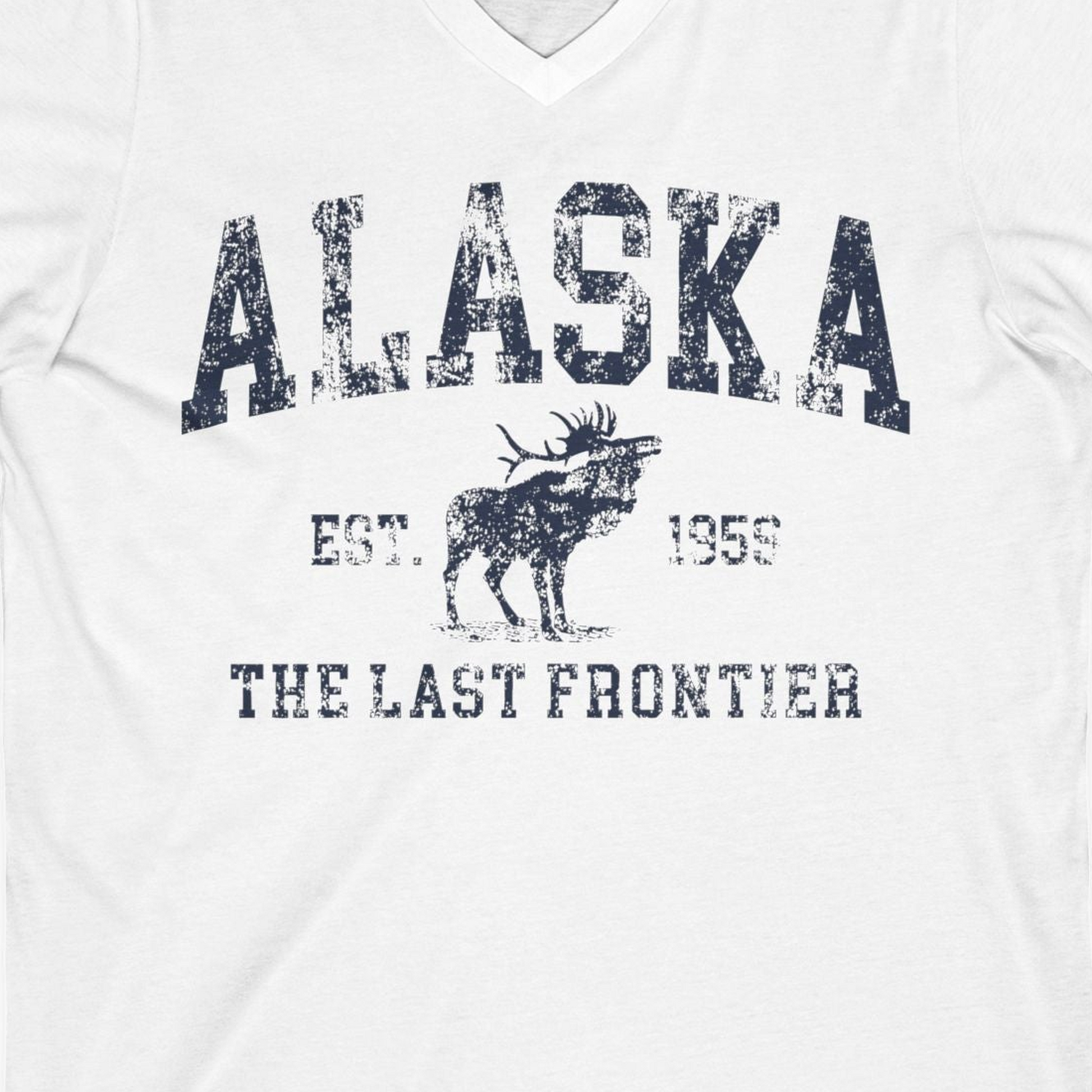 Vintage Alaska Moose Shirt V-Neck Shirt – White – Alaska Cruise Shirts Close Up