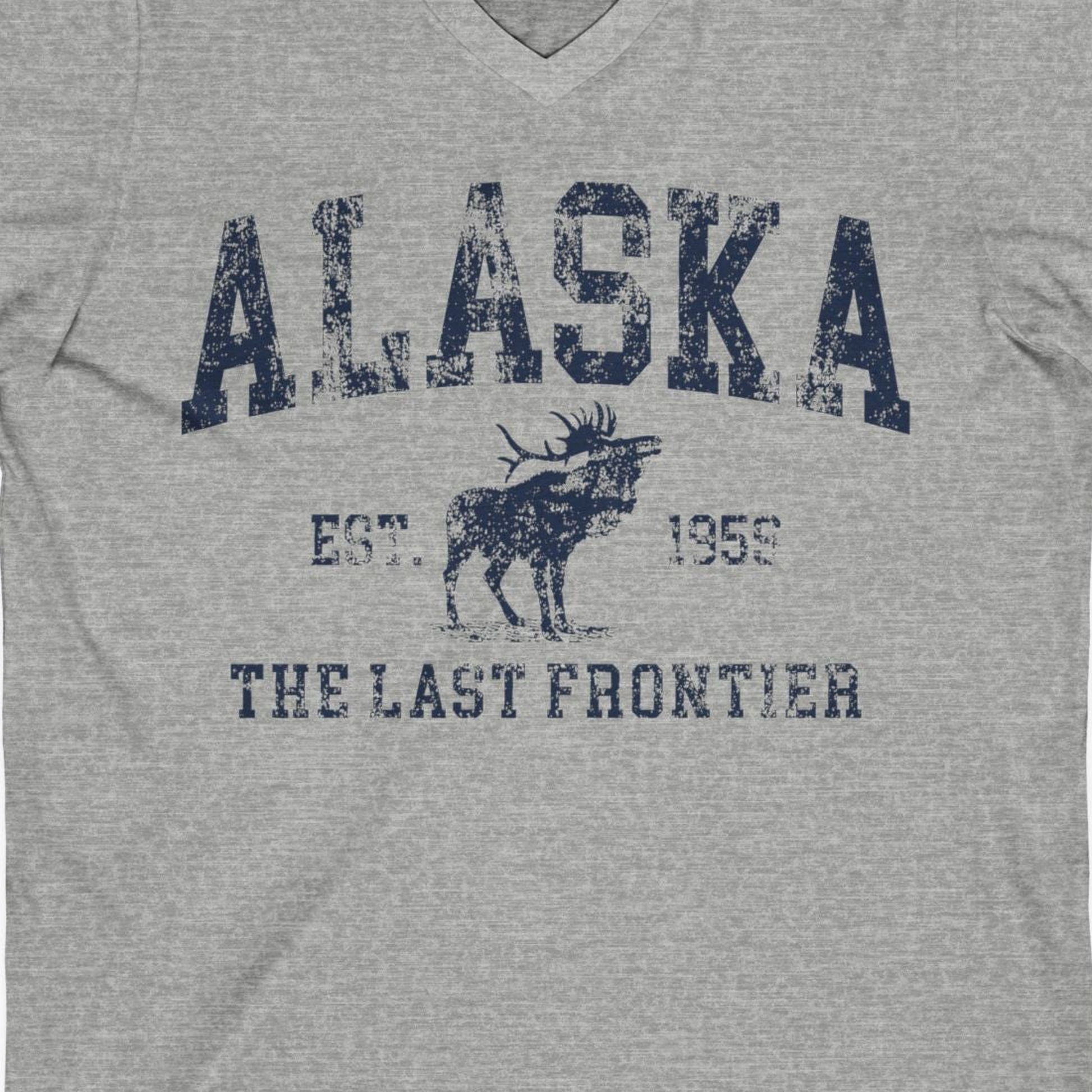 Vintage Alaska Moose Shirt V-Neck Shirt – Athletic Heather – Alaska Cruise Shirts Close Up