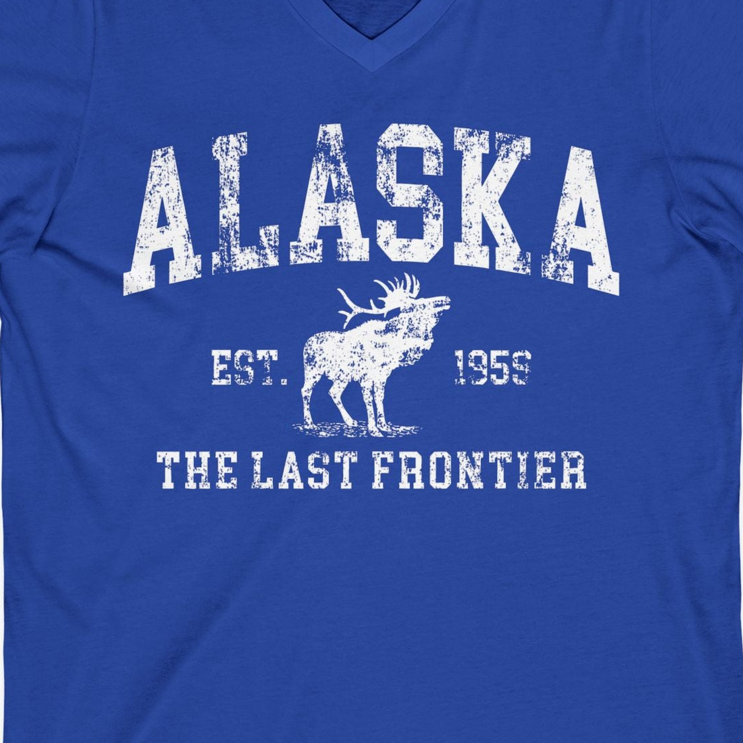 Vintage Alaska Moose Shirt V-Neck Shirt – True Royal – Alaska Cruise Shirts Close Up