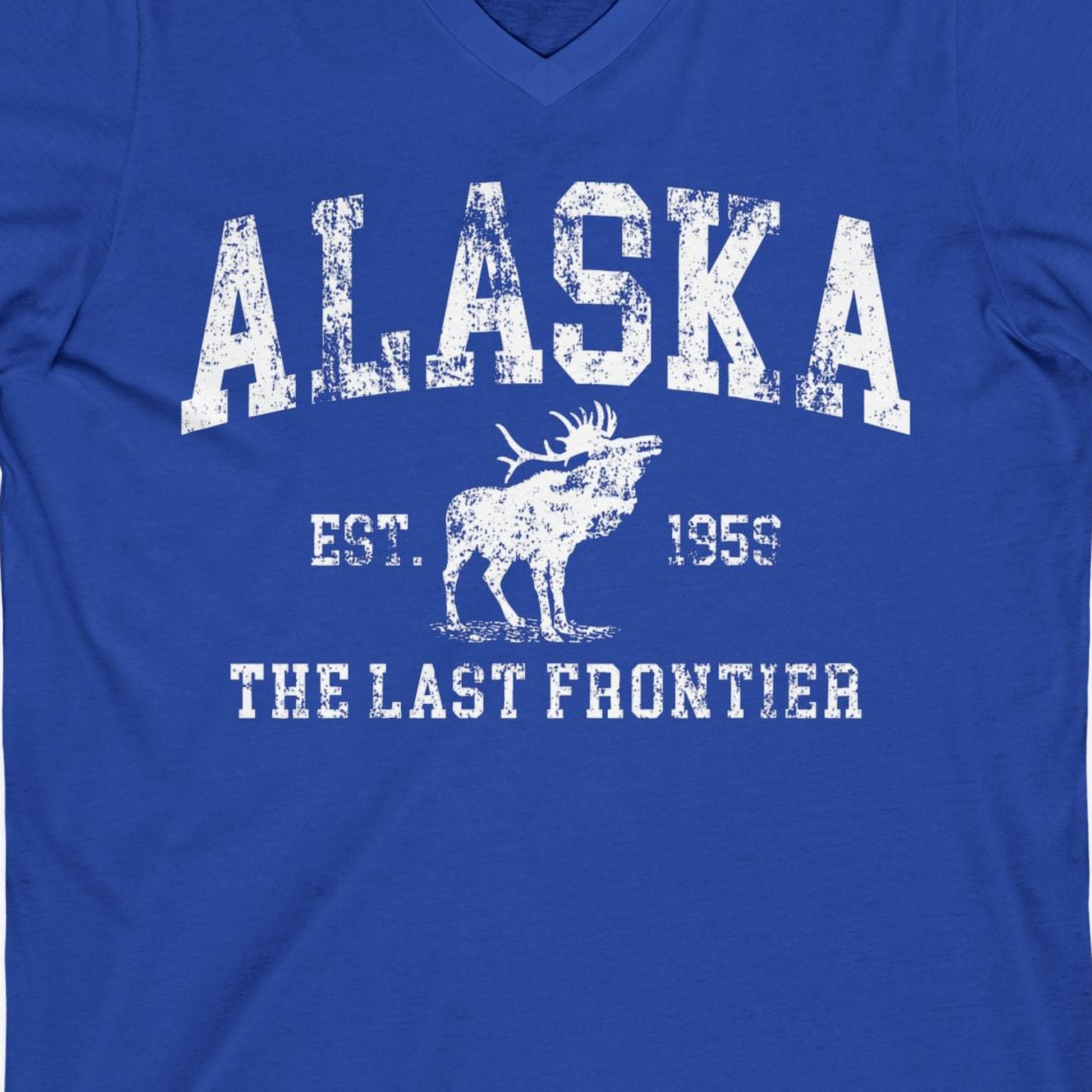 Vintage Alaska Moose Shirt V-Neck Shirt – True Royal – Alaska Cruise Shirts Close Up