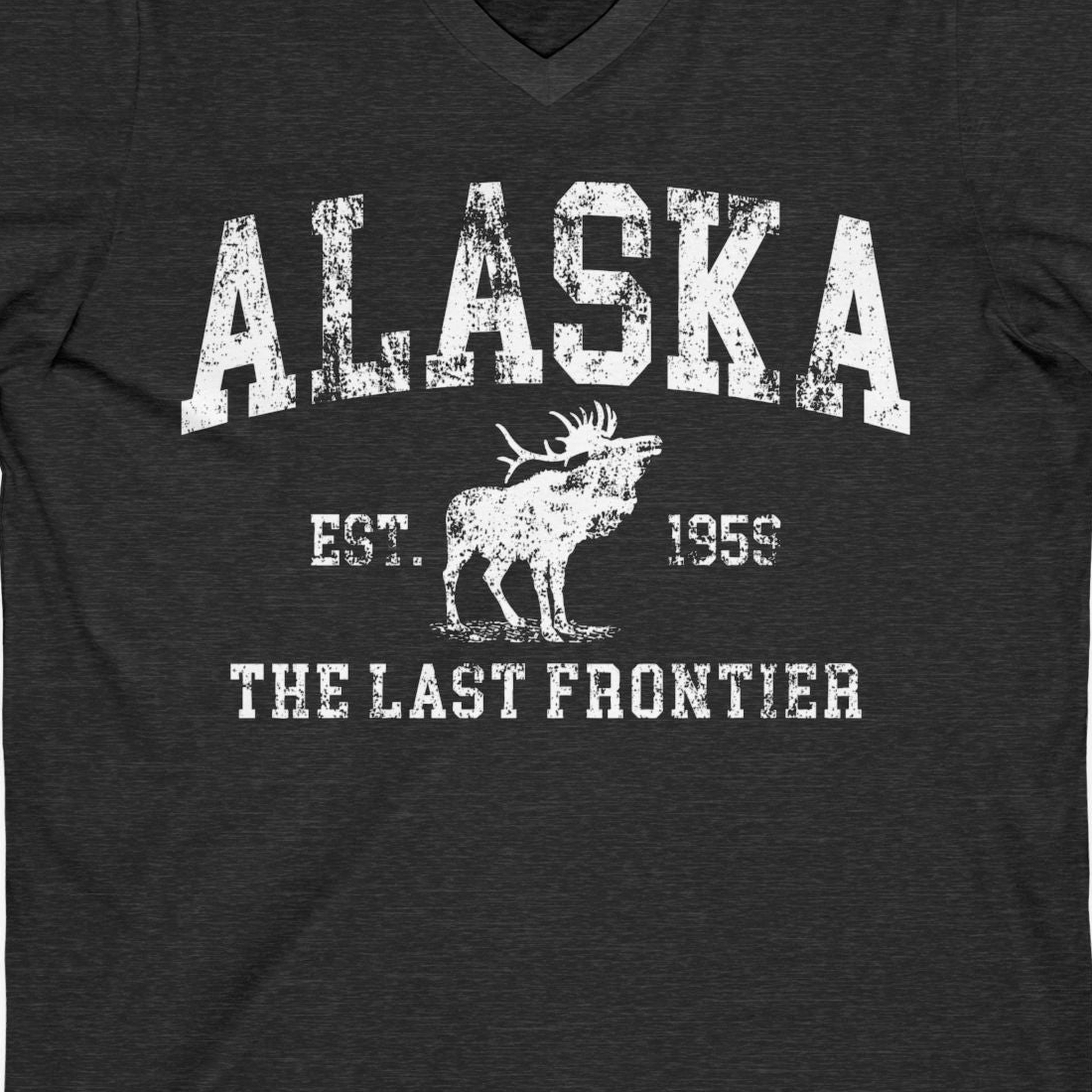 Vintage Alaska Moose Shirt V-Neck Shirt – Dark Grey Heather – Alaska Cruise Shirts Close Up