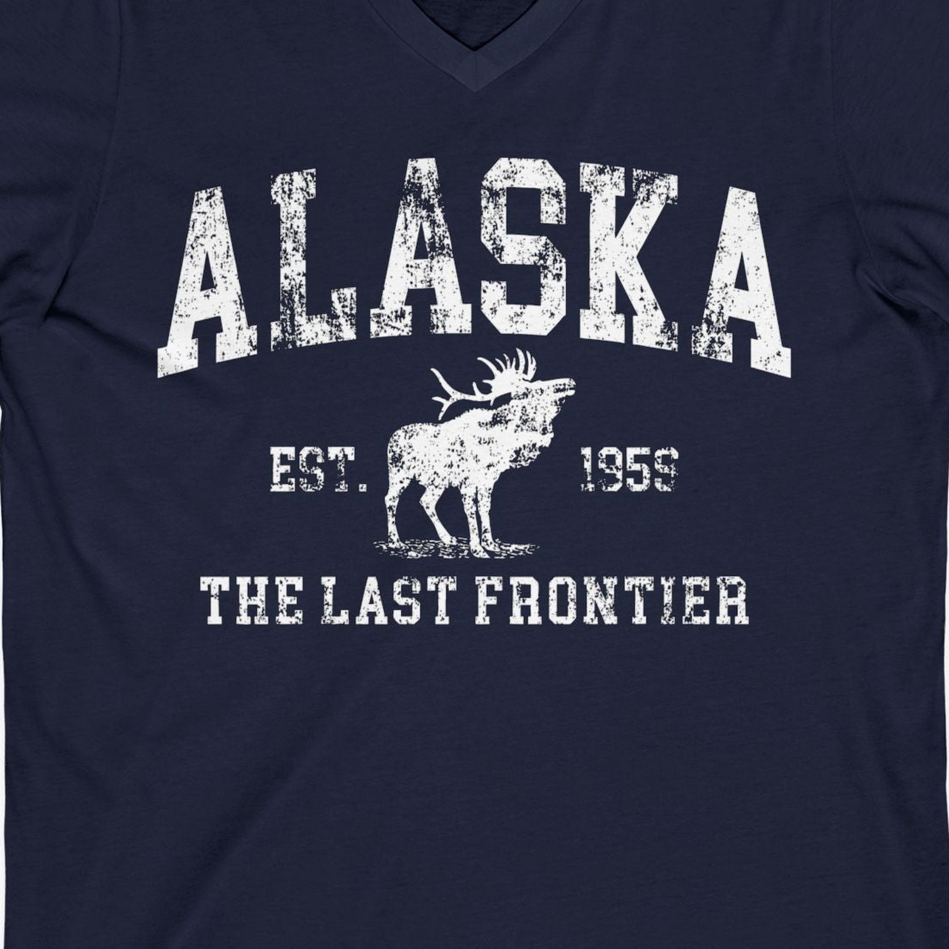 Vintage Alaska Moose Shirt V-Neck Shirt – Navy – Alaska Cruise Shirts Close Up