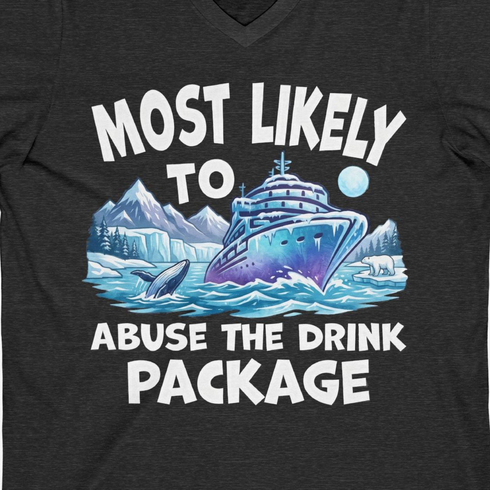 Funny Alaska Cruise Shirt V-Neck Shirt – Dark Grey Heather – Alaska Cruise Shirts Close Up