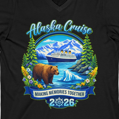 Alaska Cruise 2026 Family Shirt V-Neck Shirt – Black – Alaska Cruise Shirts Close Up
