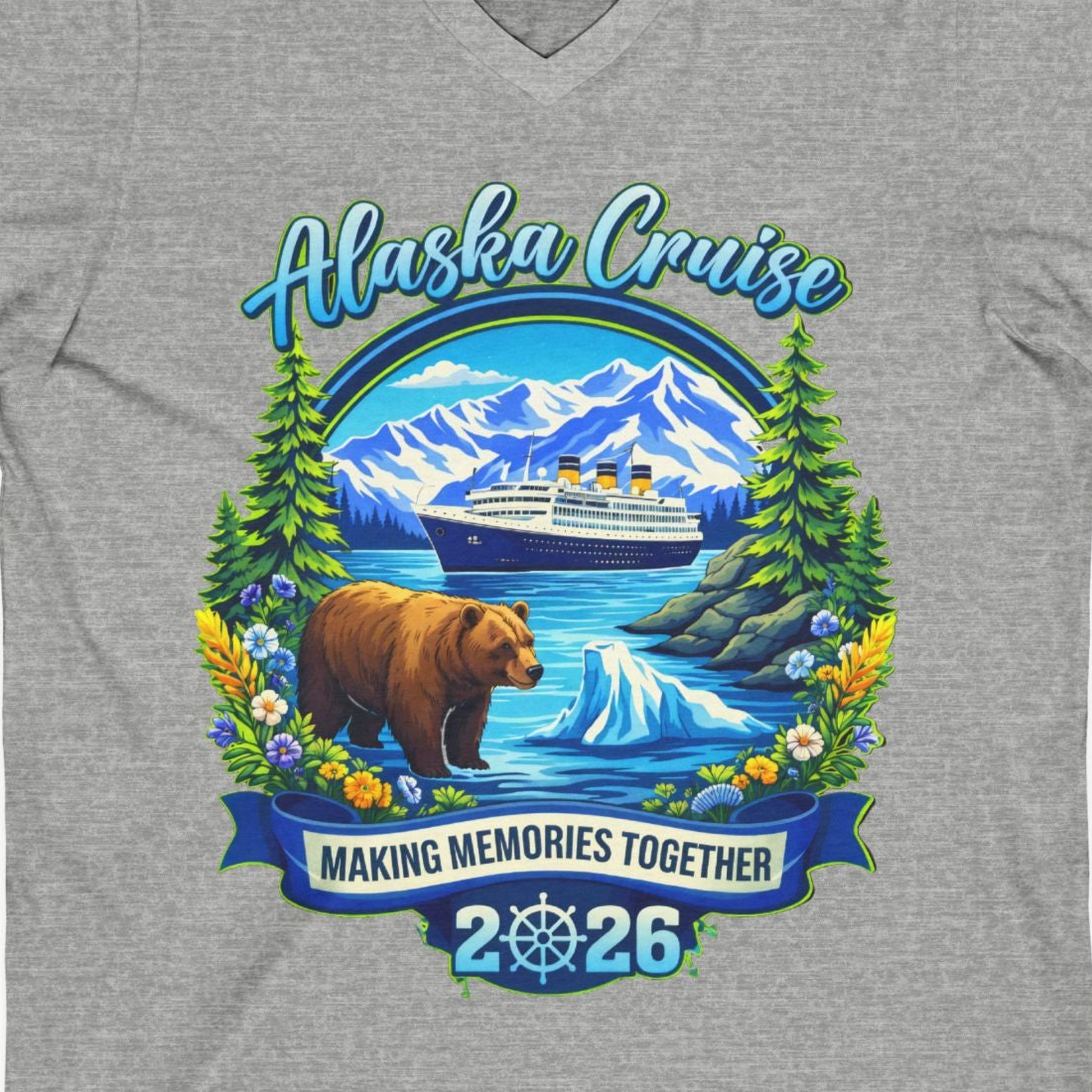 Alaska Cruise 2026 Family Shirt V-Neck Shirt – Athletic Heather – Alaska Cruise Shirts Close Up