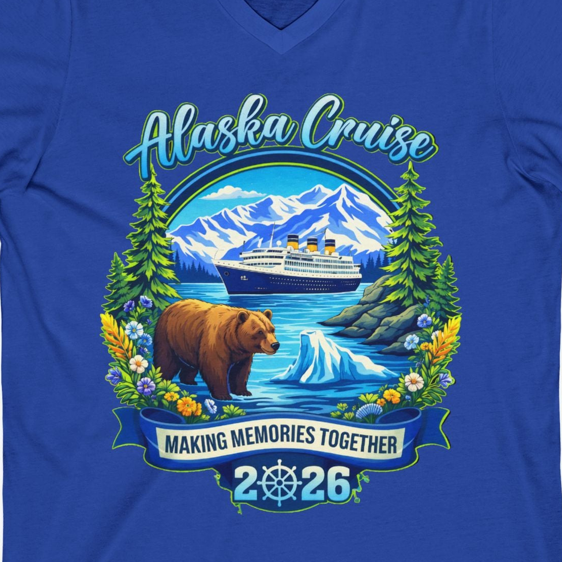 Alaska Cruise 2026 Family Shirt V-Neck Shirt – True Royal – Alaska Cruise Shirts Close Up