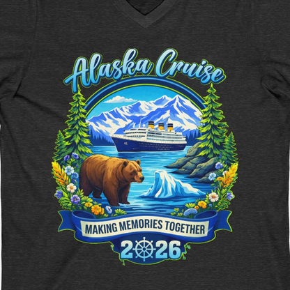 Alaska Cruise 2026 Family Shirt V-Neck Shirt – Dark Grey Heather – Alaska Cruise Shirts Close Up
