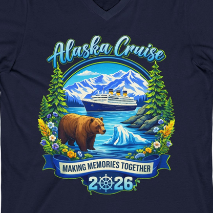 Alaska Cruise 2026 Family Shirt V-Neck Shirt – Navy – Alaska Cruise Shirts Close Up