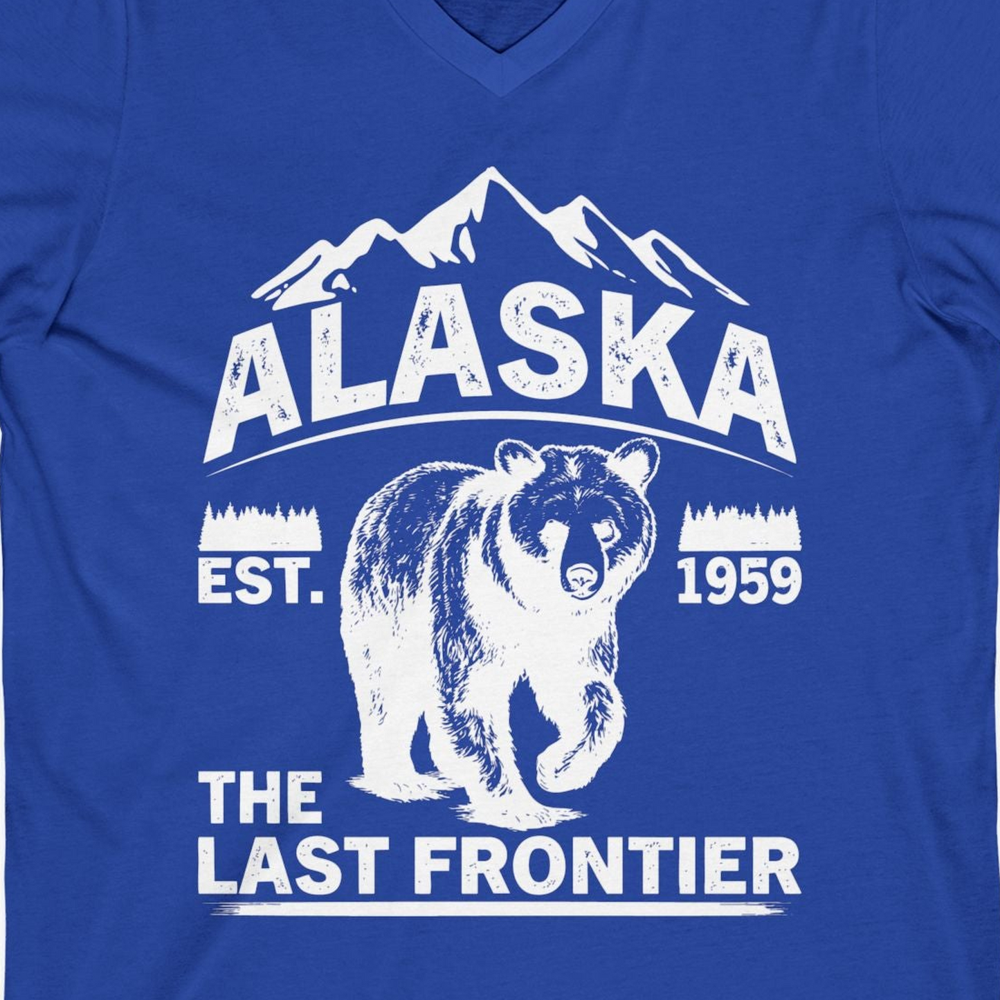 Alaska Bear Shirt V-Neck Shirt – True Royal – Alaska Cruise Shirts Close Up