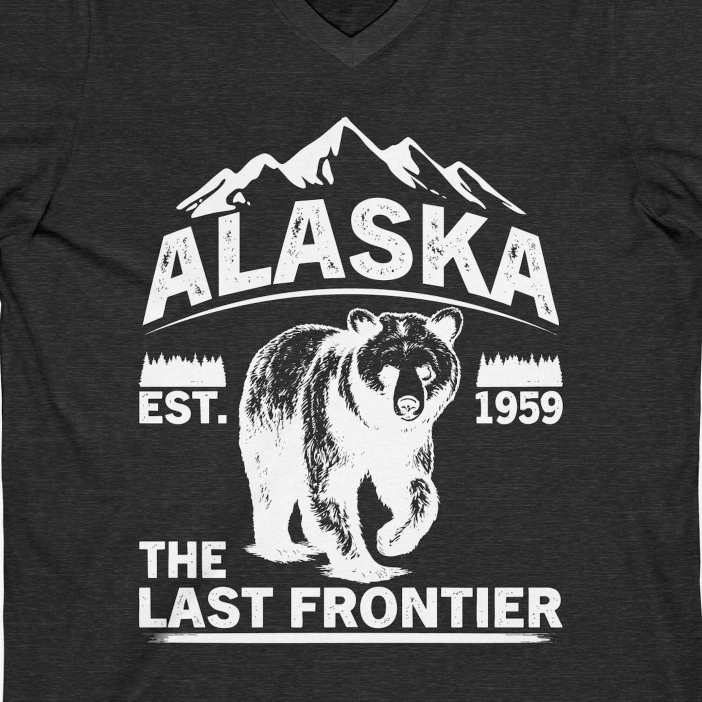 Alaska Bear Shirt V-Neck Shirt – Dark Grey Heather – Alaska Cruise Shirts Close Up