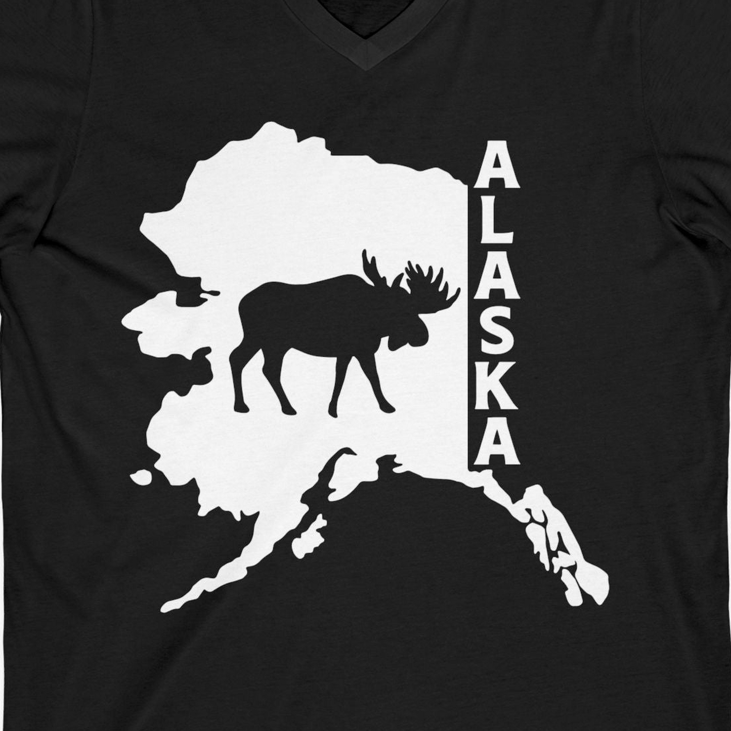 Alaska Moose Silhouette Shirt V-Neck Shirt – Black – Alaska Cruise Shirts Close Up