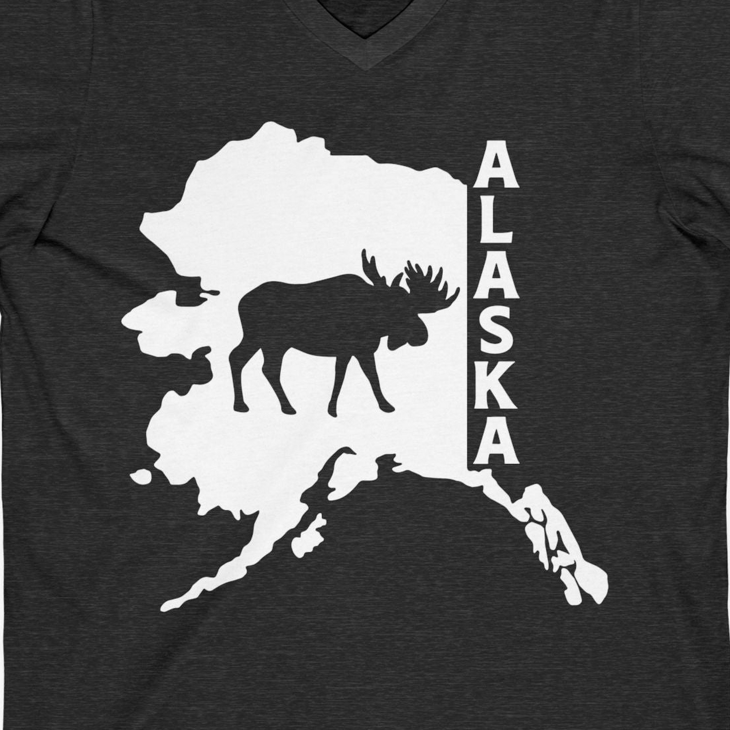 Alaska Moose Silhouette Shirt V-Neck Shirt – Dark Grey Heather – Alaska Cruise Shirts Close Up