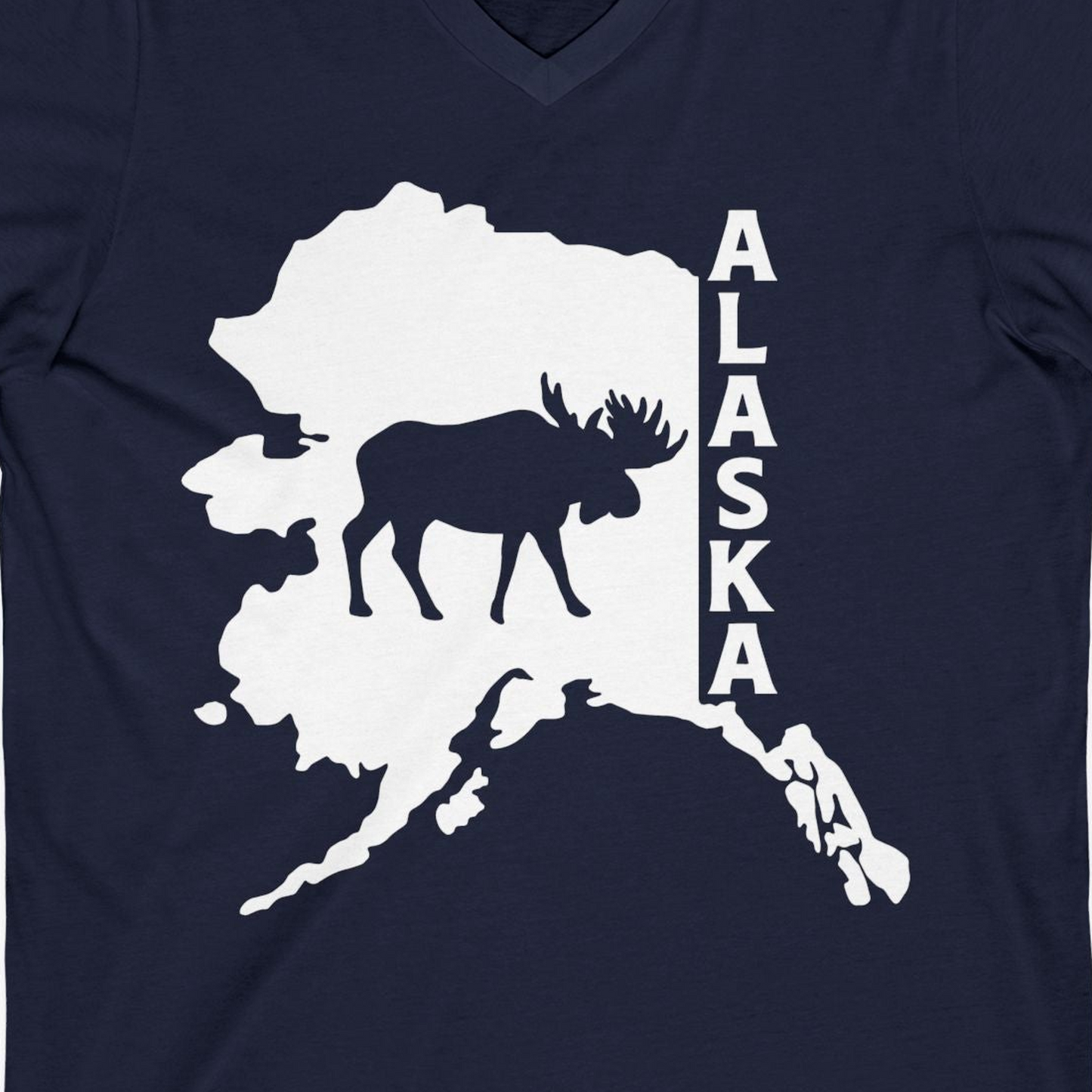 Alaska Moose Silhouette Shirt V-Neck Shirt – Navy – Alaska Cruise Shirts Close Up