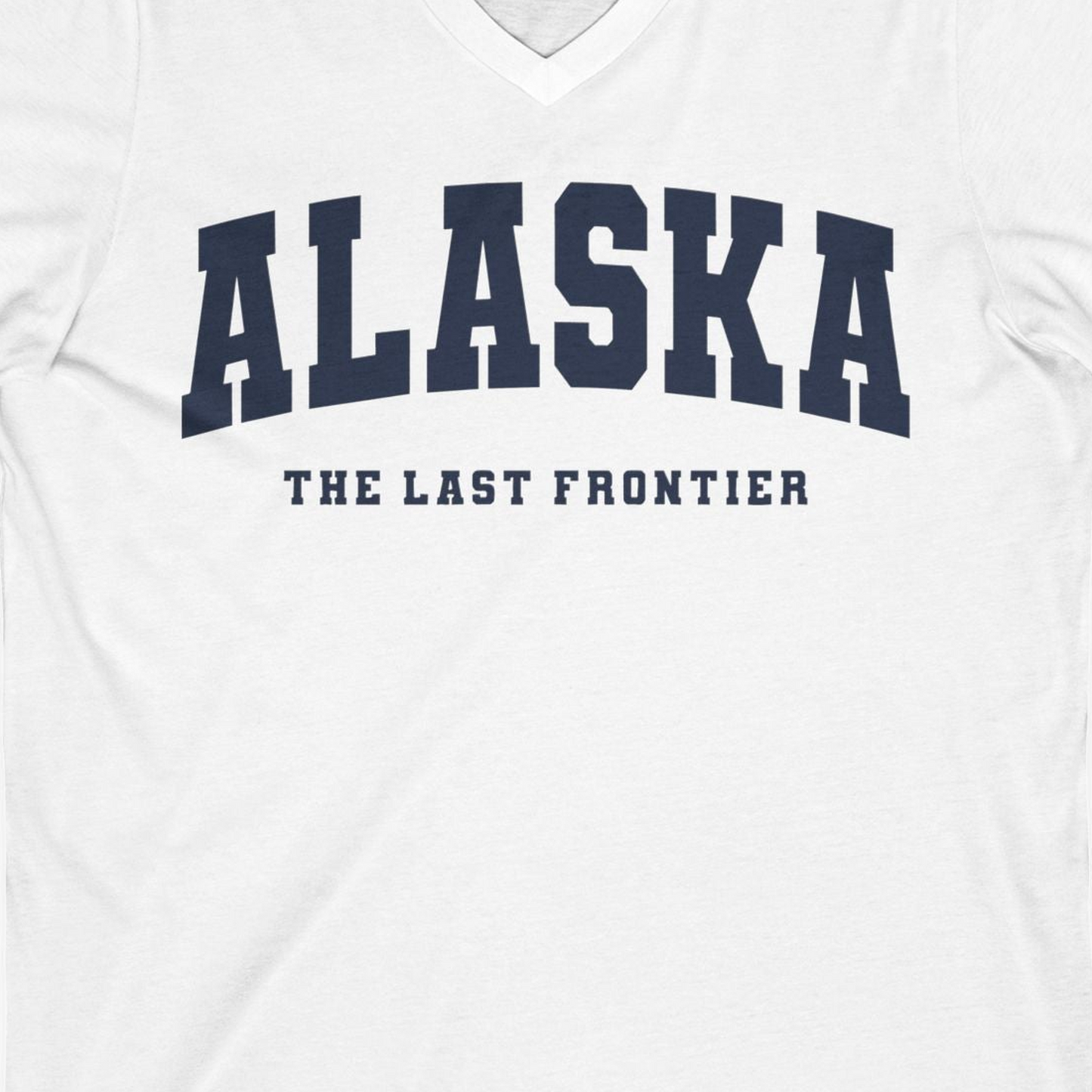 Alaska The Last Frontier Bold Collegiate Vintage State Pride Shirt — V-Neck V-Neck Shirt – White – Alaska Cruise Shirts Close Up