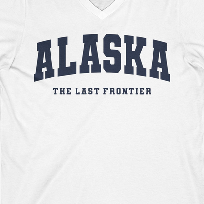 Alaska The Last Frontier Bold Collegiate Vintage State Pride Shirt — V-Neck V-Neck Shirt – White – Alaska Cruise Shirts Close Up