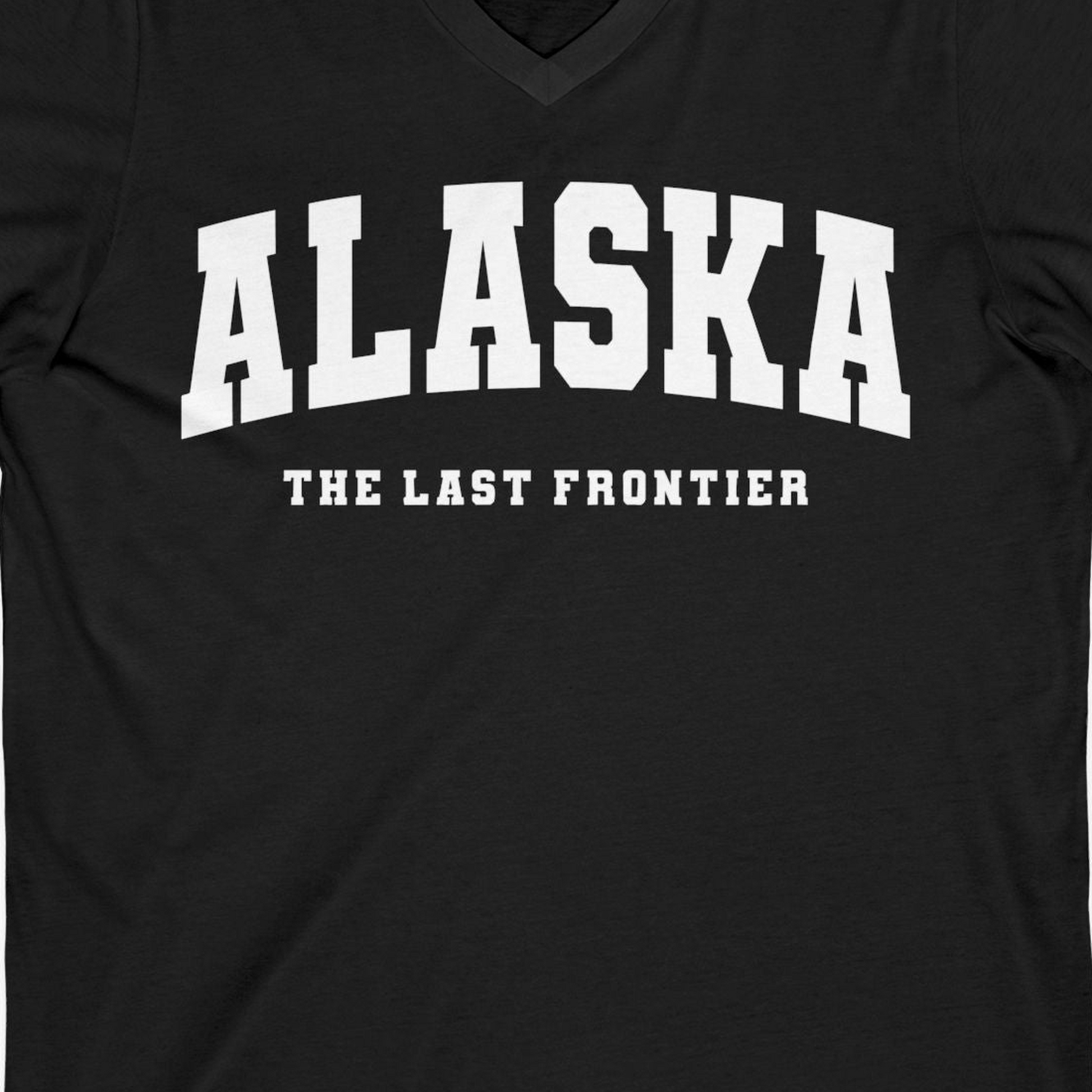 Alaska The Last Frontier Bold Collegiate Vintage State Pride Shirt — V-Neck V-Neck Shirt – Black – Alaska Cruise Shirts Close Up