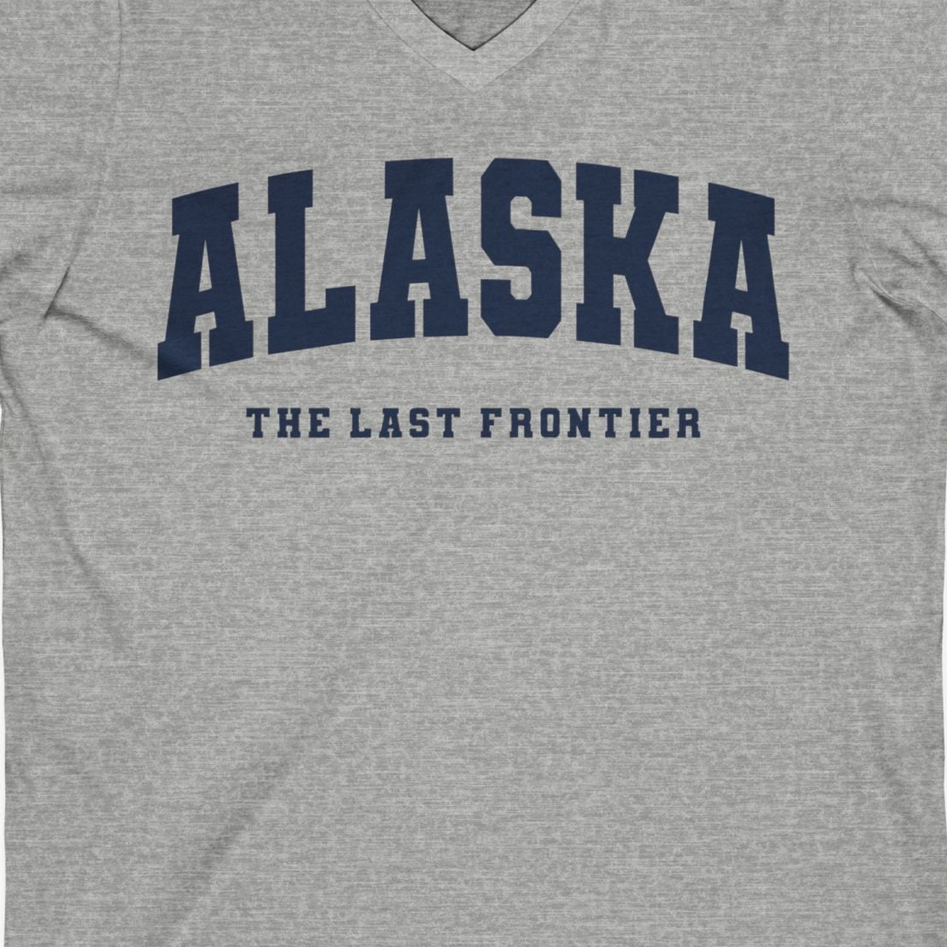 Alaska The Last Frontier Bold Collegiate Vintage State Pride Shirt — V-Neck V-Neck Shirt – Athletic Heather – Alaska Cruise Shirts Close Up