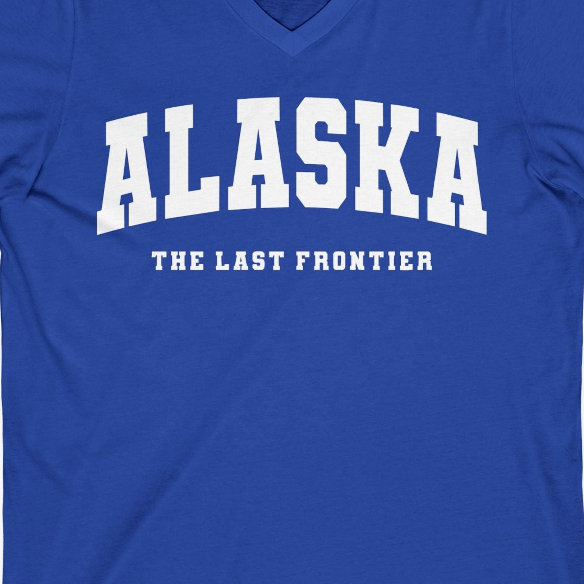Alaska The Last Frontier Bold Collegiate Vintage State Pride Shirt — V-Neck V-Neck Shirt – True Royal – Alaska Cruise Shirts Close Up