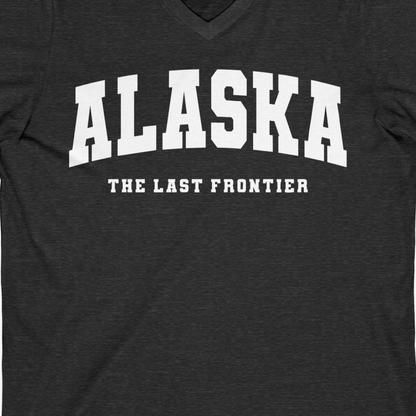 Alaska The Last Frontier Bold Collegiate Vintage State Pride Shirt — V-Neck V-Neck Shirt – Dark Grey Heather – Alaska Cruise Shirts Close Up