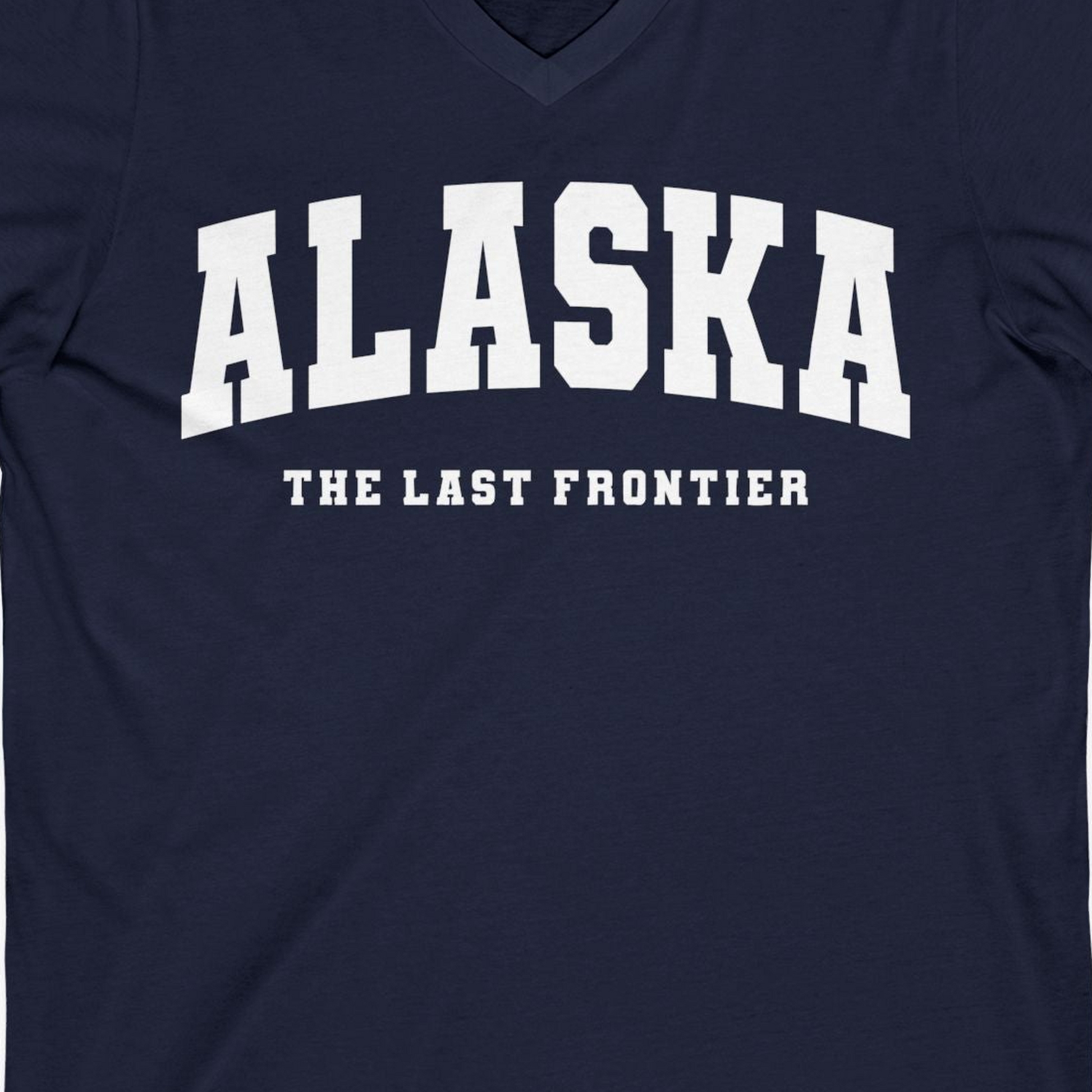 Alaska The Last Frontier Bold Collegiate Vintage State Pride Shirt — V-Neck V-Neck Shirt – Navy – Alaska Cruise Shirts Close Up