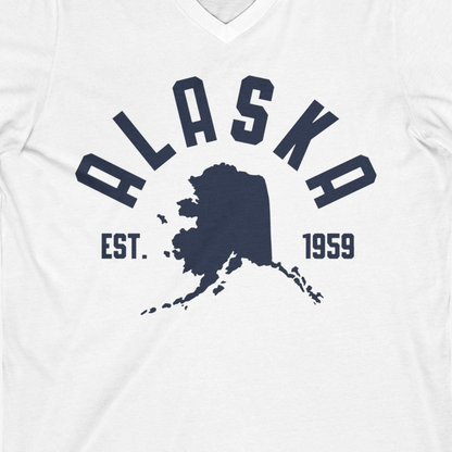 Vintage Alaska State Outline Est 1959 Retro Collegiate Shirt — V-Neck V-Neck Shirt – White – Alaska Cruise Shirts Close Up