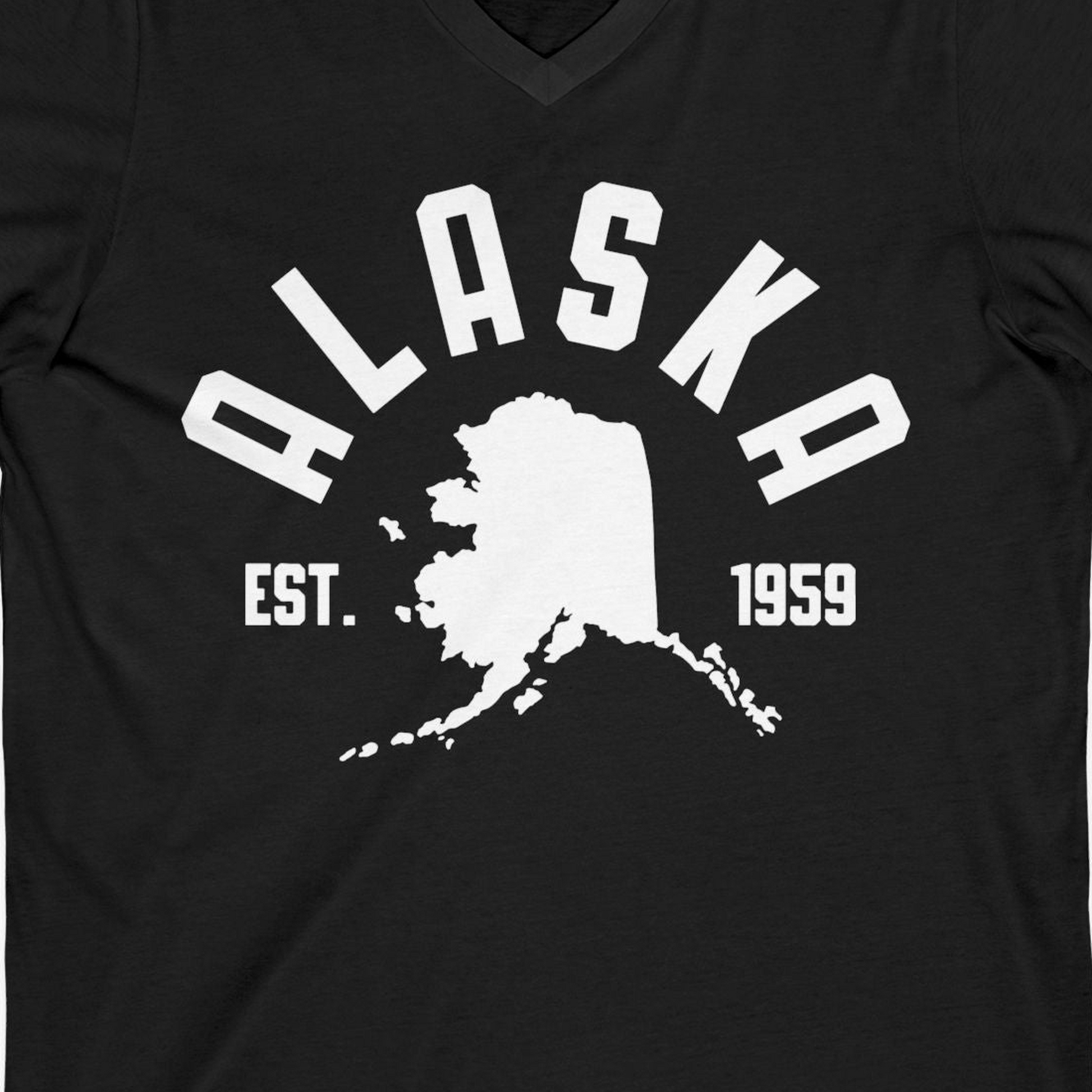 Vintage Alaska State Outline Est 1959 Retro Collegiate Shirt — V-Neck V-Neck Shirt – Black – Alaska Cruise Shirts Close Up